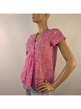 Zen Ethic Organic Cotton Pink Floral Blouse Sz S Coastal Boho Designed In France
